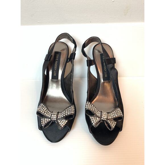 Steve Madden Luxe Black Satin Sling Back Heels Rhinestone Bow Toe US 6.5 - Picture 3 of 15
